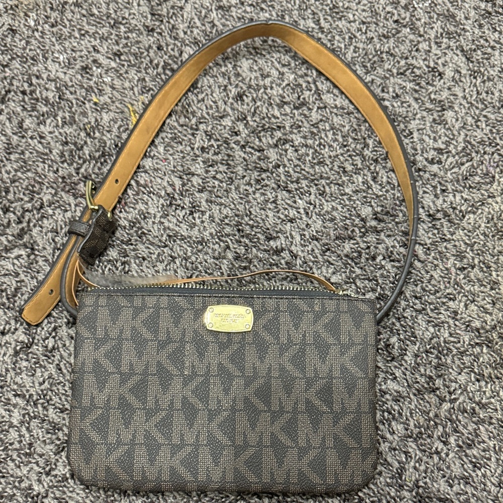 Michael Kors Black and Tan Monogram Wristlet